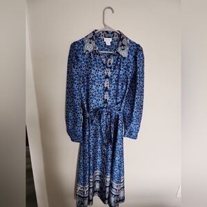 Nicole Miller Blue and White Patterned Long Sleeve Dress